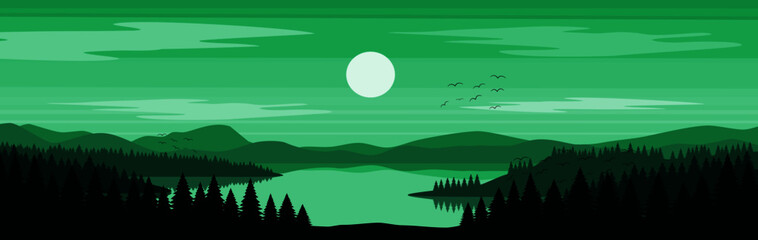 Vector and illustration of coniferous forest panoramic view and river in flat cartoon design.