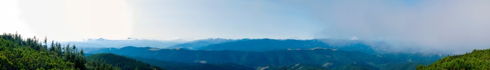 Obraz premium beautiful panorama with alpine pine and mountains under blue sky