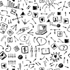 Hand drawn business doodle seamless pattern in black and white