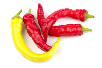 Red and yellow hot chili pepper isolated on white background. Close-up