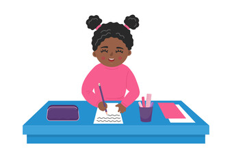 Cute african girl writes on the paper at the desk. School child at the table. 
