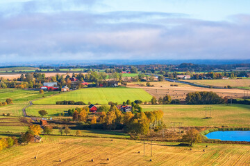 Aerial view at a the countryside with autumn colours