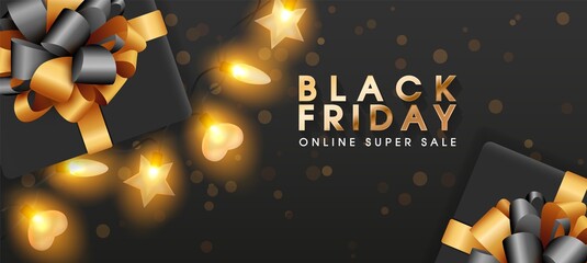 Black Friday Online Sale banner. Background with sparkling lights garland, realistic gifts box, glitter gold confetti. Vector stock illustration. Horizontal poster, greeting cards, headers website.