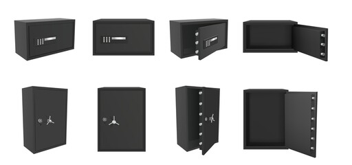 Vector set of black safe box isolated on white background. Realistic 3d objects for banking and money saving deposit. Open and closed empty metal safe box with lock and vault - obrazy, fototapety, plakaty