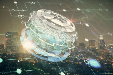 Data theme hologram drawing on city view with skyscrapers background double exposure. Ai concept.