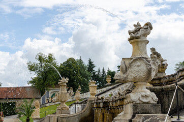 Fototapeta na wymiar View of decorated fountain in baroque Castle Gardens of Cesky Krumlov, Czech Republic.
