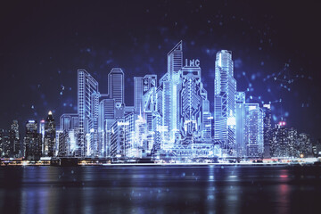 Fototapeta premium Double exposure of buildings hologram over cityscape background. Concept of smart city.