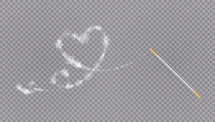 Magic wand with heart shaped snowflakes in a flat style in continuous drawing lines. Trace of white dust. Magic abstract background isolated on on transparent background. Miracle and magic. Vector © tanandaa