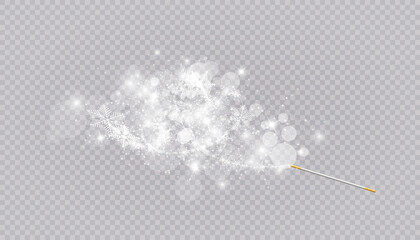 Magic wand with heart shaped snowflakes in a flat style in continuous drawing lines. Trace of white dust. Magic abstract background isolated on on transparent background. Miracle and magic. Vector