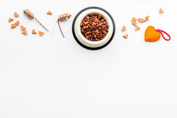 Pet food and cat treats, overhead view