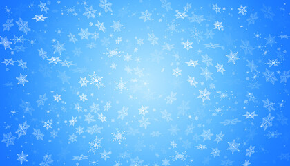 White snow flies on a blue background. Christmas snowflakes. Winter blizzard background illustration.