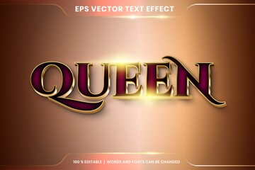 Text effect in 3d Queen gold words, font styles theme editable realistic metal gold and gradient maroon color combination with flare light concept