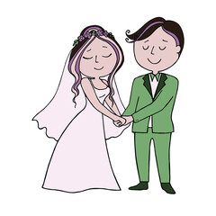 Marriage. Couple. Wedding. Color drawing of a wedding. Bride and groom, vector illustration with funny people