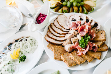 Food. Festive table with dishes. Dish. Side view.