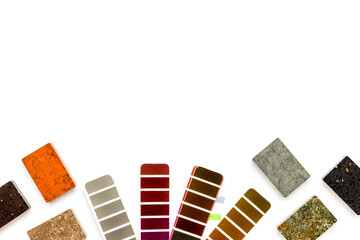 Boards samples with color scheme for furniture design interior. Overhead view