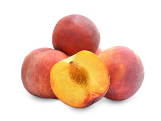 Sweet ripe peaches on white background