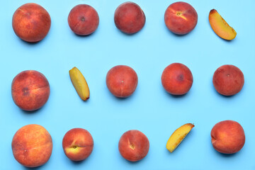 Sweet peaches on color background