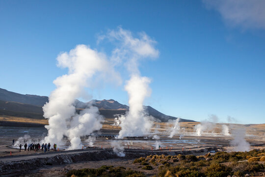 Tourists at the Geysers del Tatio (El Tatio), the third largest geyser field in the world, Andean Central Volcanic Zone, Antofagasta Region, Chile
