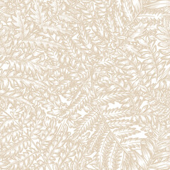 Fern leaves seamless pattern in beige colors. Hand drawn sketch plants vector illustration. Neutral nature background