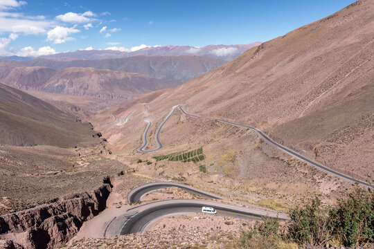 Route 52, a steep road leading to Piedra del Molino Pass, Los Cardones National Park, Salta Province, Argentina