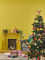 New Year interior decoration, yellow wall background, fir tree, fireplace and armchair.