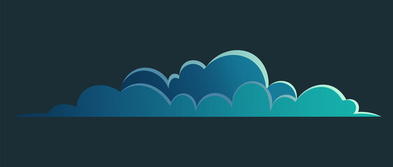 Night cloud vector panorama symbol, dark blue cloud for night view or sky, landscape interface, nature, evening environment symbol, cloudscape, isolated at black background cartoon flat icon