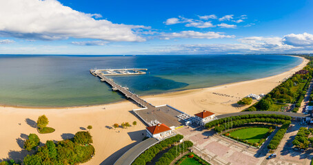 Aerial view of the Baltic sea coastline and wooden pier in Sopot, Poland