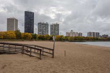 Wooden walkway leading to beach in northern Chicago on cloudy overcast day