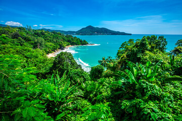 Natural high angle panoramic background With an atmosphere surrounded by mountains and trees, with a blurred wind, cool