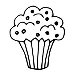 Cupcake drawn by contour in doodle style. Muffin with lots of cream sprinkled with peas. Vector illustration.
