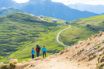 Mother with two little sons walking on path in green meadows towards Rifugio Sassopiatto, Dolomites, Trentino-Alto Adige, Italy