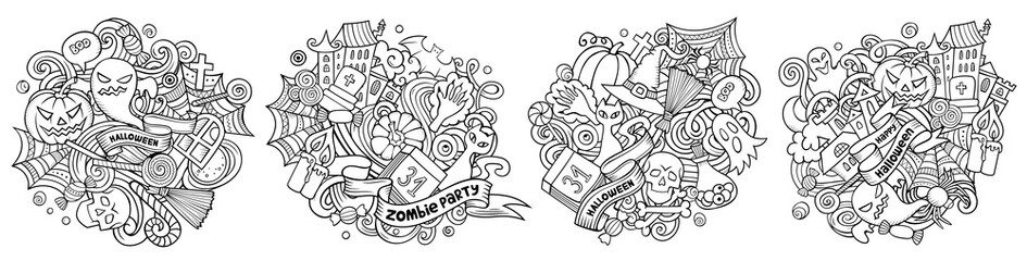 Halloween cartoon vector doodle designs set.