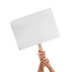Hands of protesting woman with placard on white background