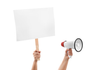 Hands of protesting woman with megaphone and placard on white background