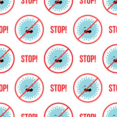 Vector seamless pattern background with coronavirus, virus cartoon style characters in forbidden sign. Stop coronavirus design.