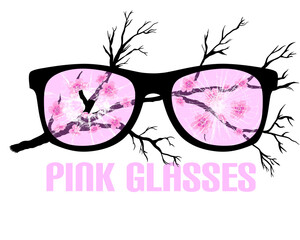 Broken rose-colored glasses with the inscription on the background of a branch