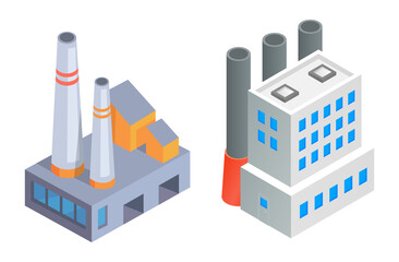 Fototapeta premium Factory buildings with pipes. Project of two different industrial manufactory buildings, producing petroleum, oil, gasoline, gas. Heavy industry development. Industrial plants, factories isolated