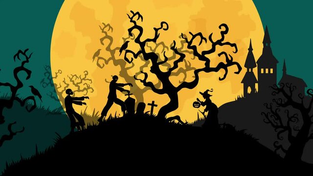 Halloween banner In Spooky Night with zombie and witch are walking - Happy Halloween animation. halloween pattern easy to color adjustment