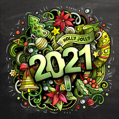 2021 hand drawn doodles illustration. New Year objects and elements poster