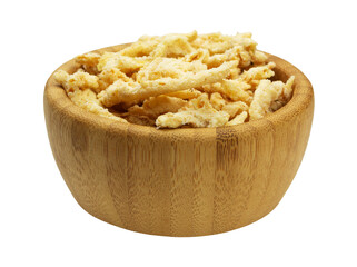 Side view of breaded fried onions in a small wood bowl isolated on a white background.