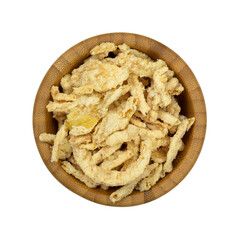 Breaded fried onions in a small wood bowl isolated on a white background.