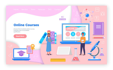 Landing page of educational website. Online courses. Online study, online science, online training, educational concept. Studying, learning courses, e-books, education in internet. Flat style