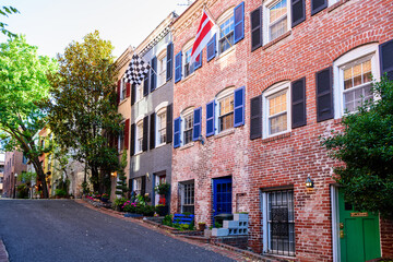 Fototapeta na wymiar Washington DC Row Colorful Townhouses Brick Architecture