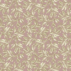 Floral seamless pattern with leaves and berries in cream, taupe, green colors, hand-drawn and digitized. Design for wallpaper, textile, fabric, wrapping, background.