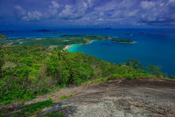 Natural high angle panoramic background With an atmosphere surrounded by mountains and trees, with a blurred wind, cool