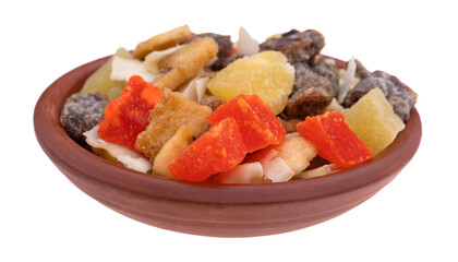 Dried fruit mix in a small bowl isolated on a white background.