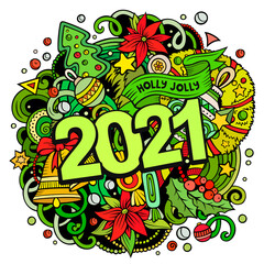 2021 hand drawn doodles illustration. New Year objects and elements poster