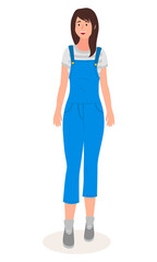 Fototapeta premium Isolated cartoon character. Young woman wearing overalls smiling. Cheerful happy brown-haired girl. Person portrait. Pretty girl from front view. Vector illustration of adult smiling person female