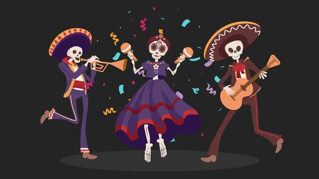 Halloween Dia De Los Muertos Holiday. Traditional Mexican Day Of Dead. Skeletons dance animation videon Dia De Los Muertos Holiday. Traditional Mexican Day Of Dead