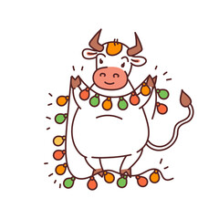 White metal bull with garland lantern - chinese new year symbol or logo for kids stickers